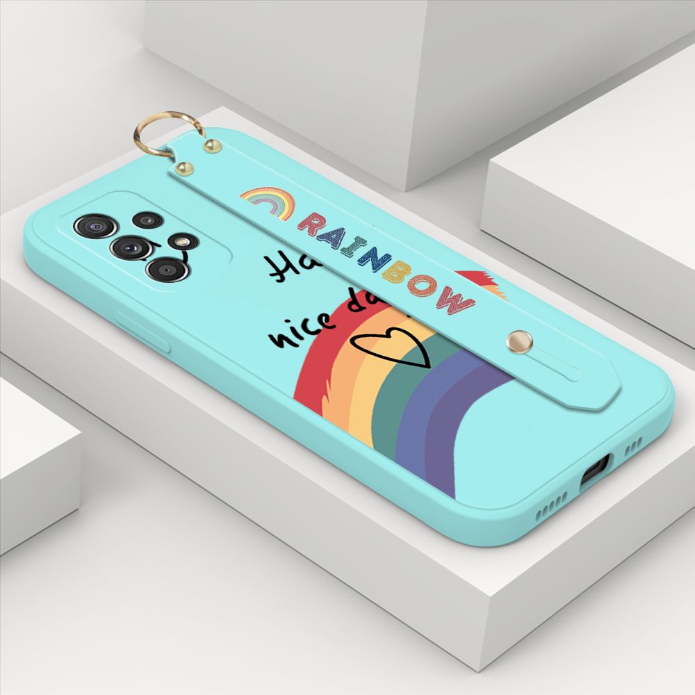 ZeroQiQi for Samsung Galaxy A52 Wrist Strap Case Lovely Graffiti Rainbow Smile Thin Phone Cover Square Edge Liquid Silicone Creativity Phone Case