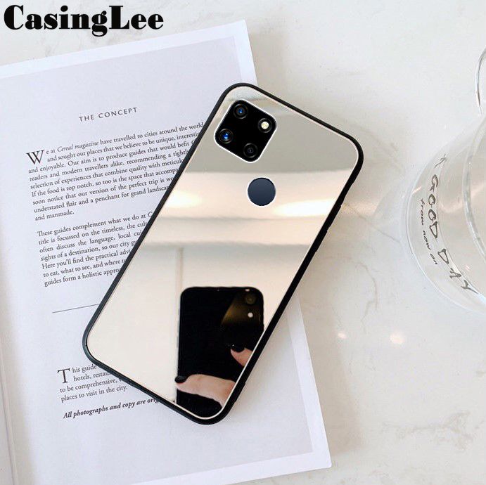Casinglee For Realme C12 Back Cover Luxury Plating Clear View Makeup Mirror Soft Phone Cover for Realme C12 Cosmetic Mirror Case