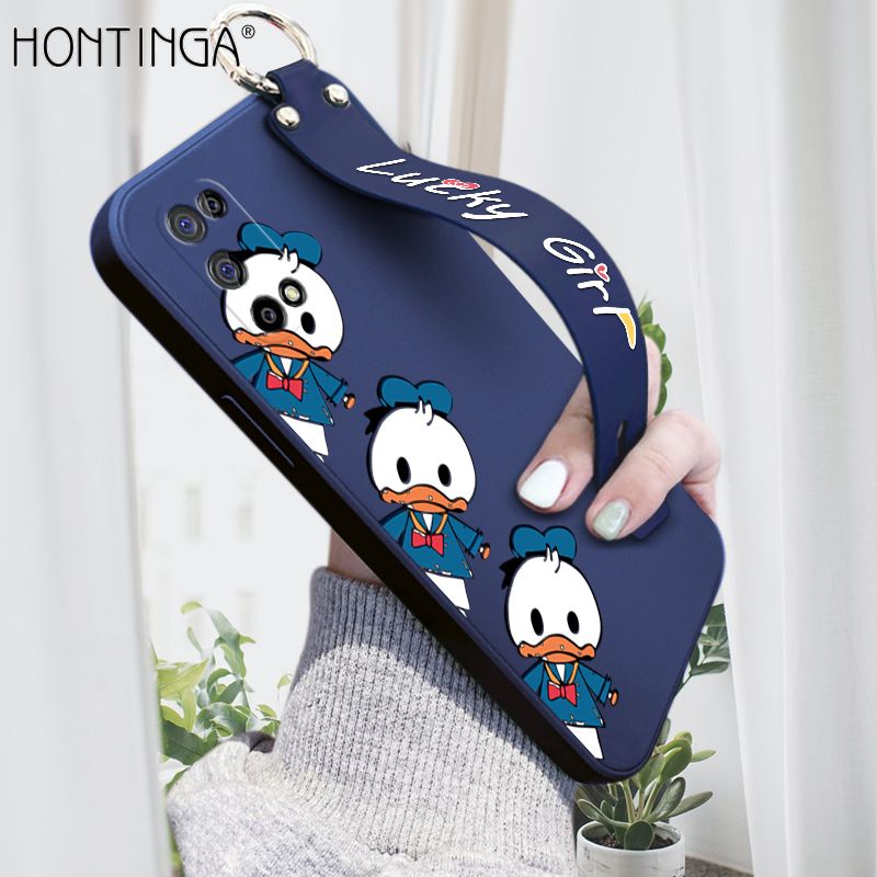 Hontinga for Realme 7 5G Wrist Strap Case Cute Cartoon Little Duck Phone Case Square Edge Liquid Silicone Case Full Cover Camera Shockproof Protective Cases