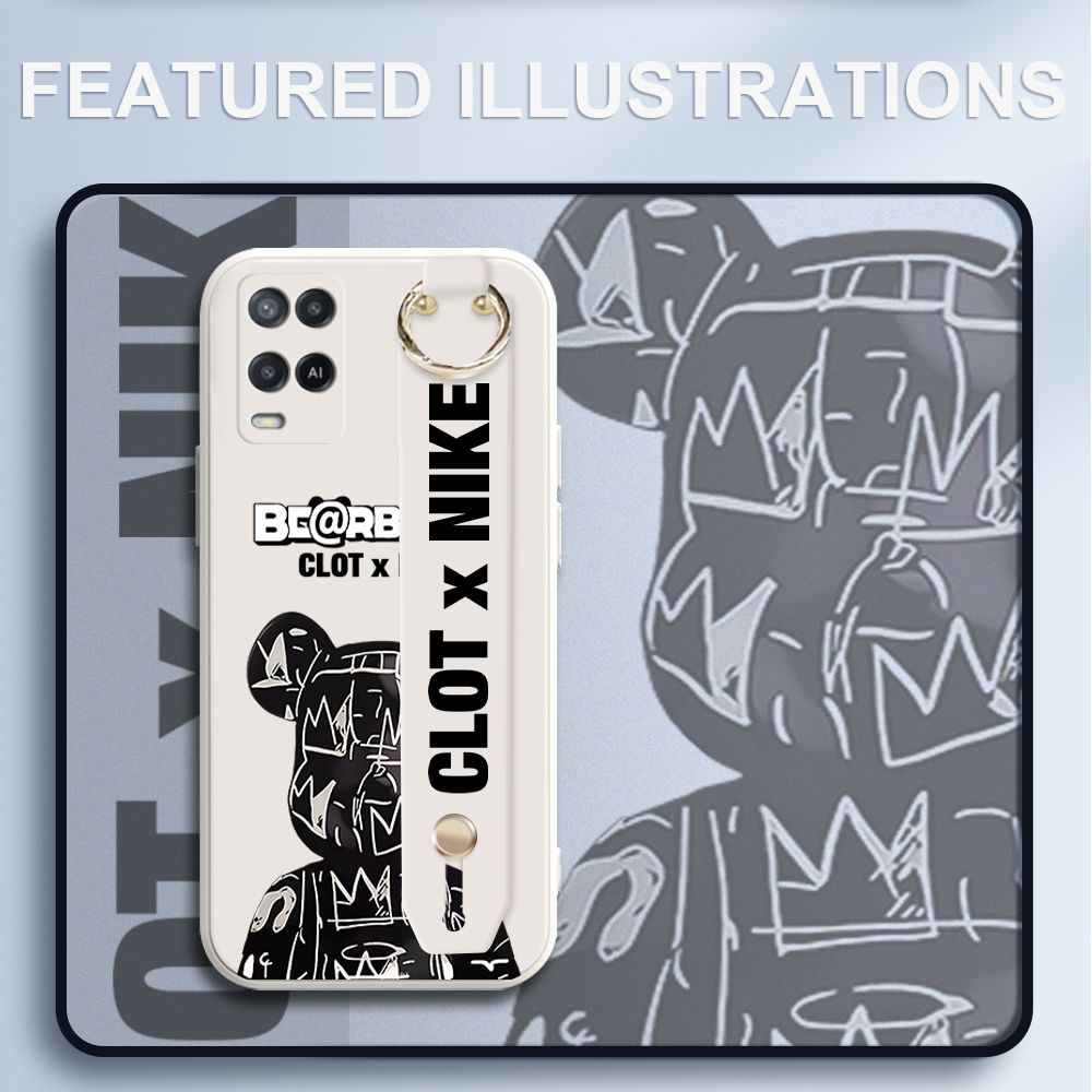 UCUC for OPPO A54 Wrist Strap Case Creative Cartoon Black Stitching Bear Cover Ultra Thin Anti Fall Liquid Silicone Phone Case