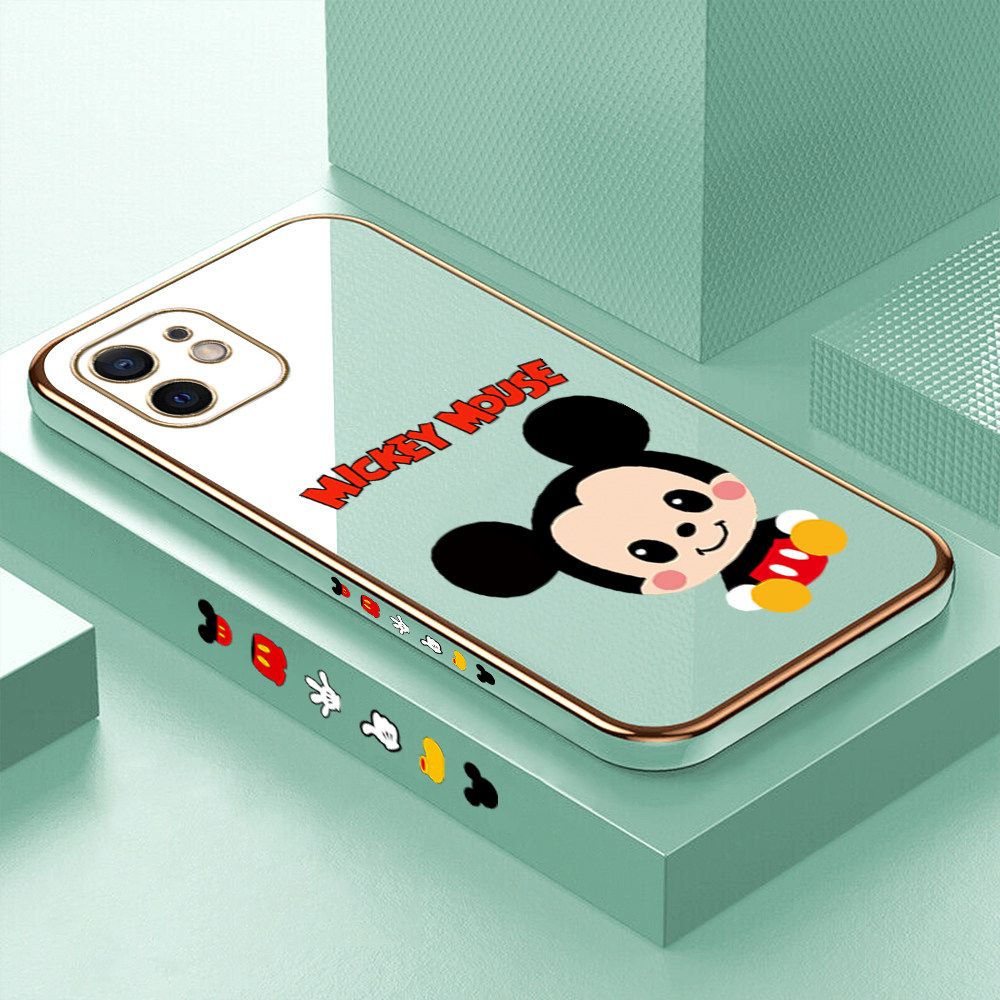 Luxury 6D Plating Case for iPhone 12 Mini Cute Cartoon Mouse Side Pattern Back Cover Soft Silicone Square Frame Shiny Bling Phone Cases + Free Lanyard