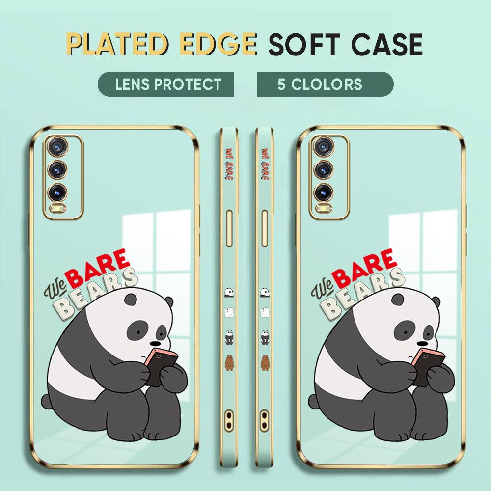 Luxury 6D Plating Case for Vivo Y20 Phone Cases Cute Cartoon Panda Side Print Soft Silicone Square Back Cover