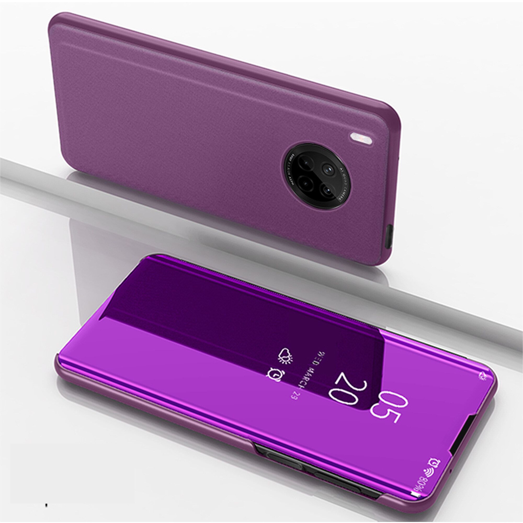 For Huawei Y9a Mirror Plating Hard PC -PU Leather Translucent Standing View Case Cover