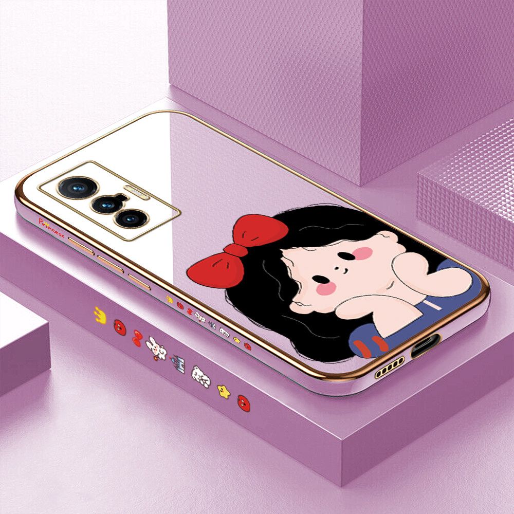 Luxury 6D Plating Soft Casing Silicone Square Frame Phone Case For Vivo X70 5G Case Shiny Bling Back Cover Cartoon Cute Bow Girl Square Edge Pattern Design Soft Case + Free Lanyard