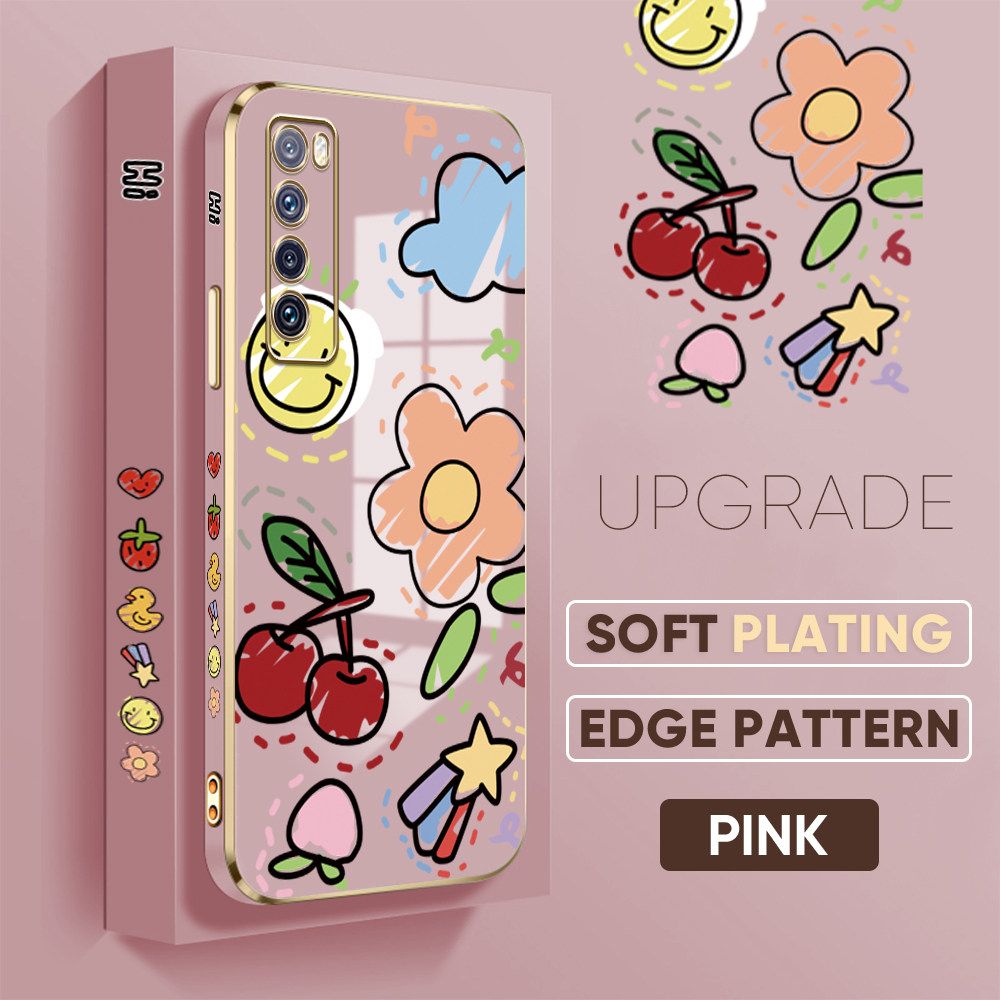 TA for Huawei Nova 7 Back Cover + Free Lanyard Colorful Fruit Painting Luxury 6D Plating Case Side Pattern Soft Silicone Square Phone Cases