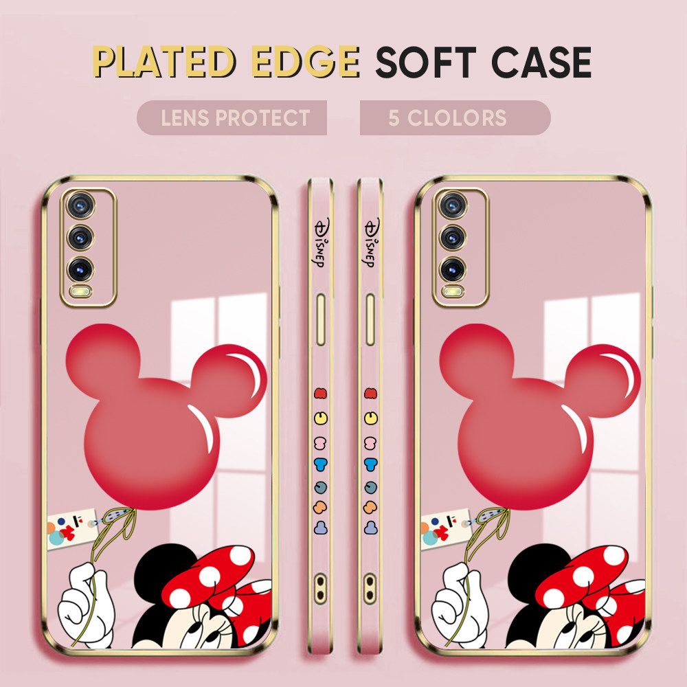 Luxury 6D Plating Case for Vivo Y20 2021 Y20S Y20i Y12s Y20S G Back Cover Cute Cartoon Balloon Mouse Side Pattern Soft Silicone Square Phone Cases