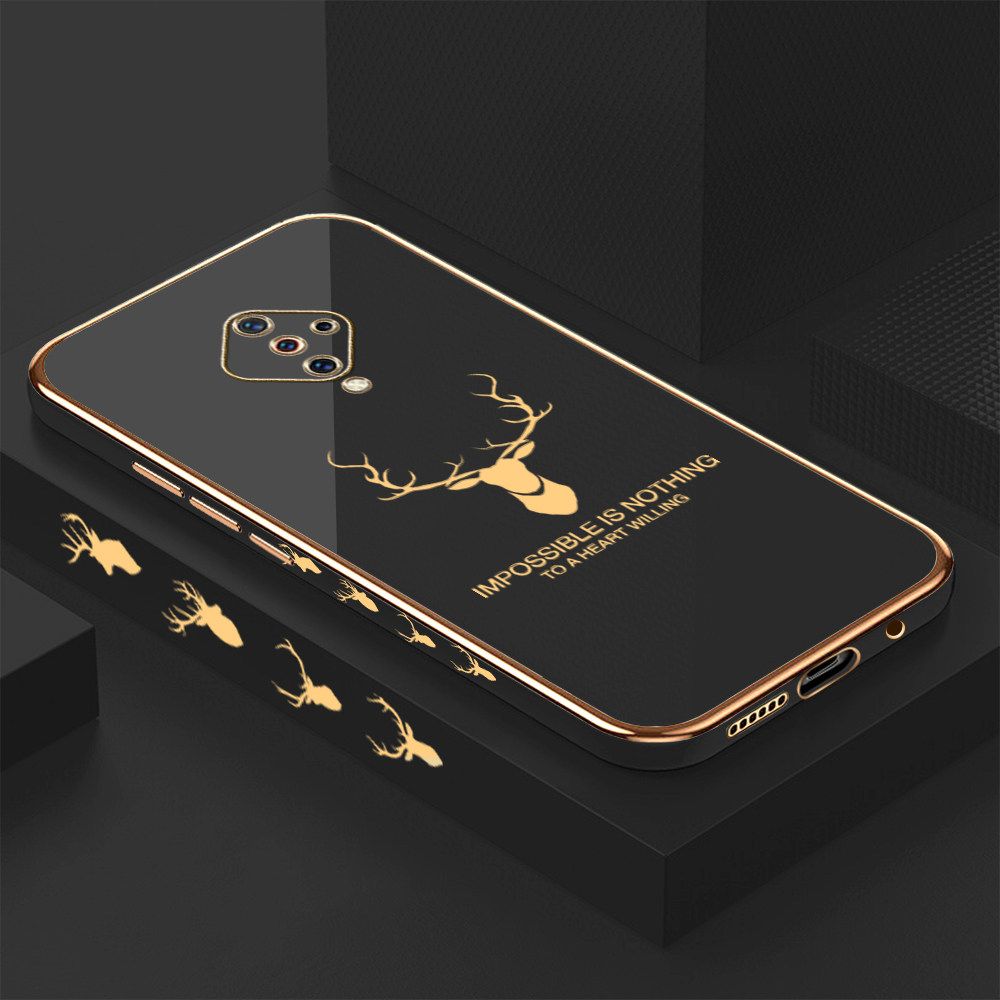 Luxury 6D Plating Case for Vivo S1 Pro Alphabet Lucky Deer Side Pattern Back Cover Soft Silicone Square Frame Shiny Bling Phone Cases + Free Lanyard