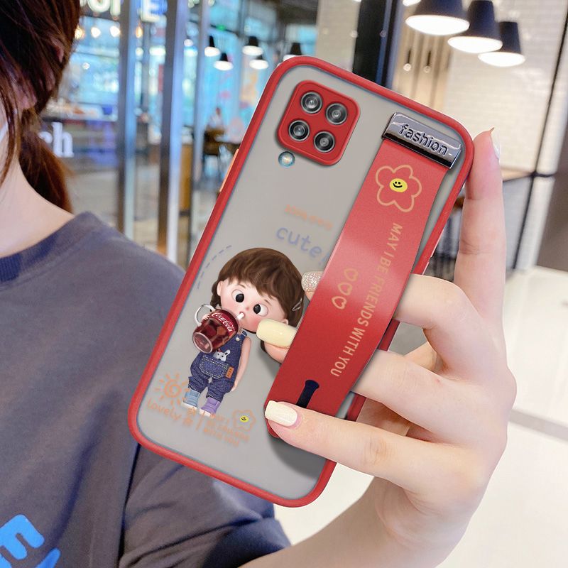 UCUC for Samsung Galaxy M12 Wrist Strap Case Girl Drinking Cola Wristband Printing Cover Shockproof Ultra Thin Phone Case