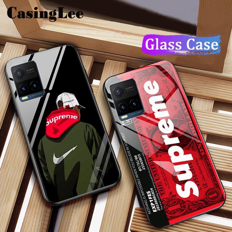 Casinglee for VIVO Y21 Case Tempered Glass Protector Mirror Couple Back Cover SUP Supreme Design VIVO Y21 case cover For girls and Boys