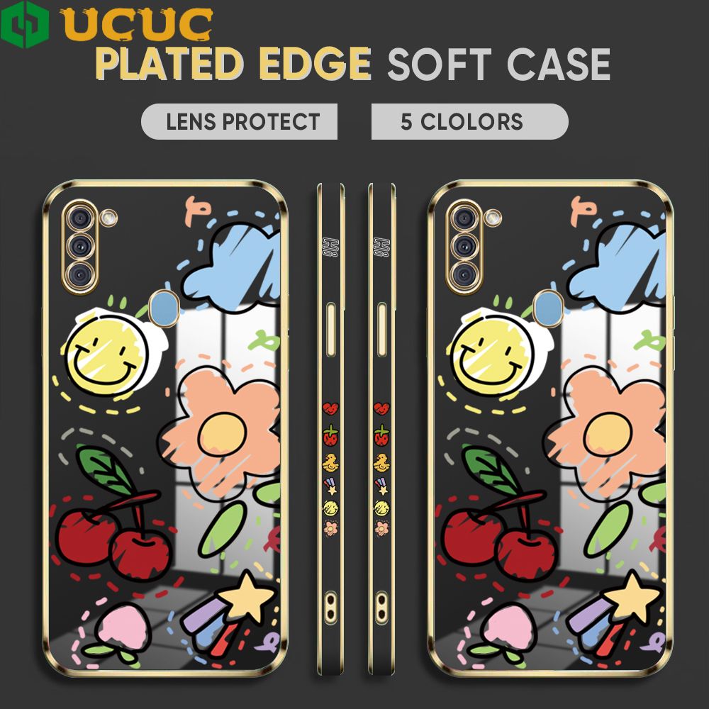 UCUC for Samsung Galaxy M11 Cover Fruit Doodle Luxury 6D Plating Soft Casing Silicone Square Frame Phone Case Shiny Bling Back Cover + Free Lanyard