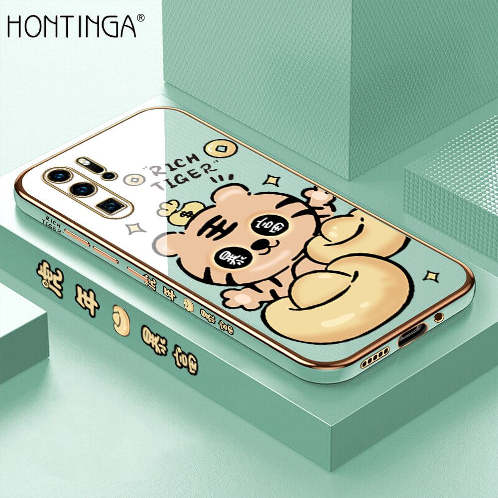Hontinga for Huawei P30 Pro Back Cover + Free Lanyard Luxury 6D Plating Cartoon Get Rich Tiger Side Pattern Caese Soft Silicone Square Phone Cases
