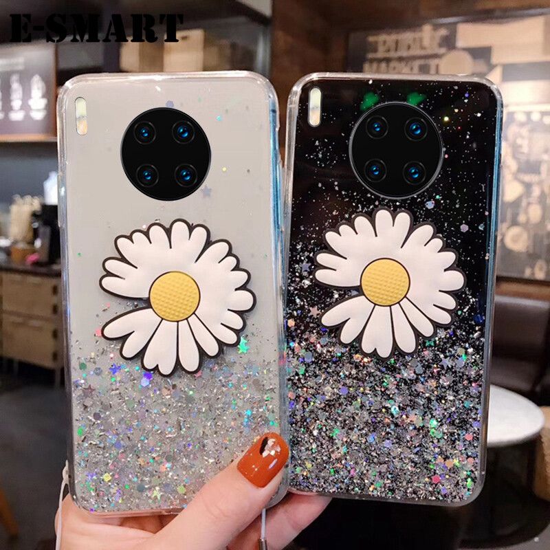 Phone Case Honor 50 Lite Transparent Bling Glitter Cases Soft Clear Shining Sequin Back Cover with Daisy Flowers Folding Honor50 Lite Case