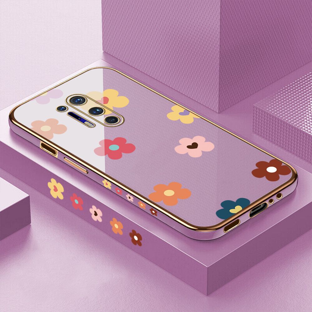 Luxury 6D Plating Case for OnePlus 8 Pro Color Cartoon Flowers Side Pattern Back Cover Soft Silicone Square Frame Shiny Bling Phone Cases + Free Lanyard