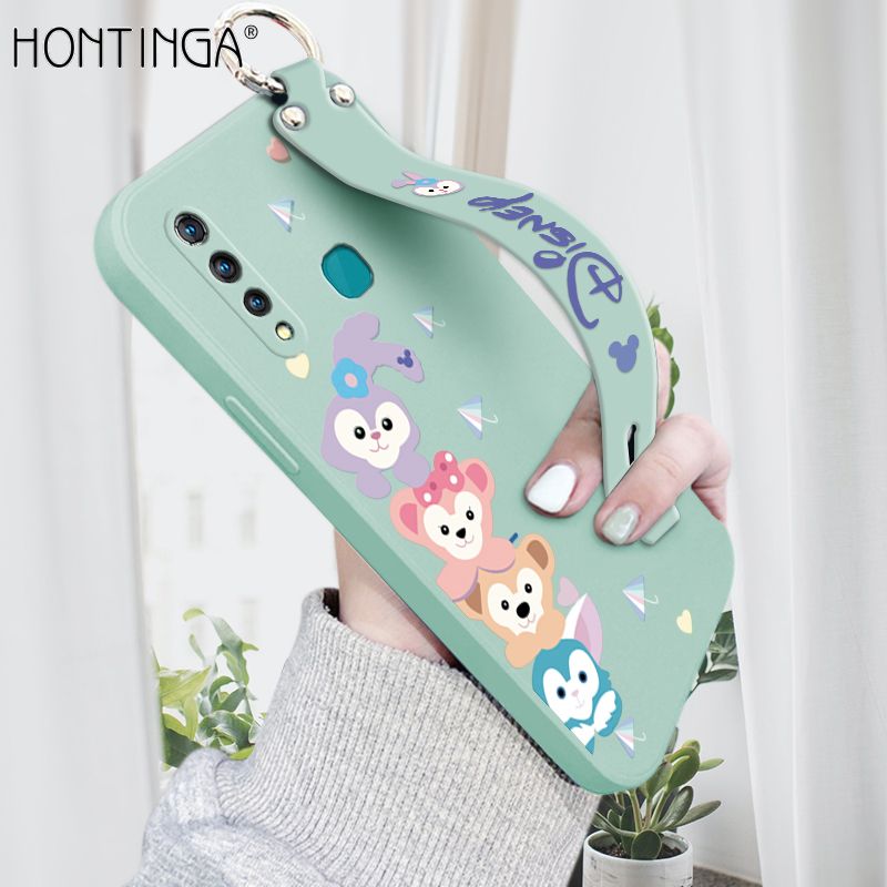 Hontinga for Vivo Z1 Pro Wrist Strap Case INS Cute Style Creative Cartoon Rabbit and Fox Cover Thin Square Edge Liquid Silicone Phone Case