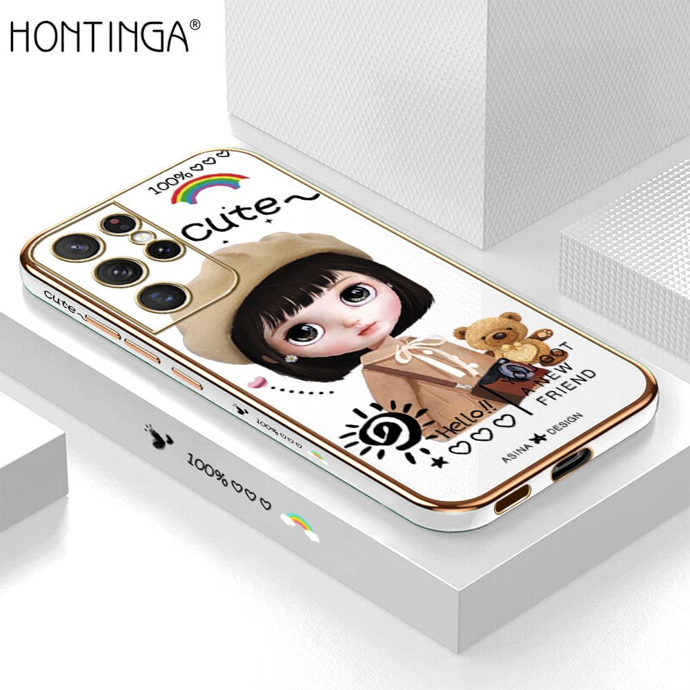 Hontinga for Samsung S21 Ultra 5G Back Cover + Free Lanyard Luxury 6D Plating Cartoon Satchel Girl Side Pattern Case Soft Silicone Square Mobile Cover