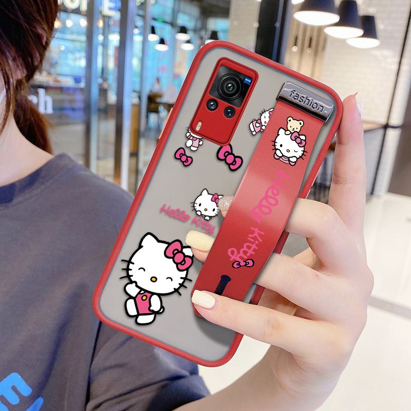 UCUC for VIVO X60 Pro Wrist Strap Case Lovely KT Cat Wristband Printing Cover Shockproof Ultra Thin Phone Case