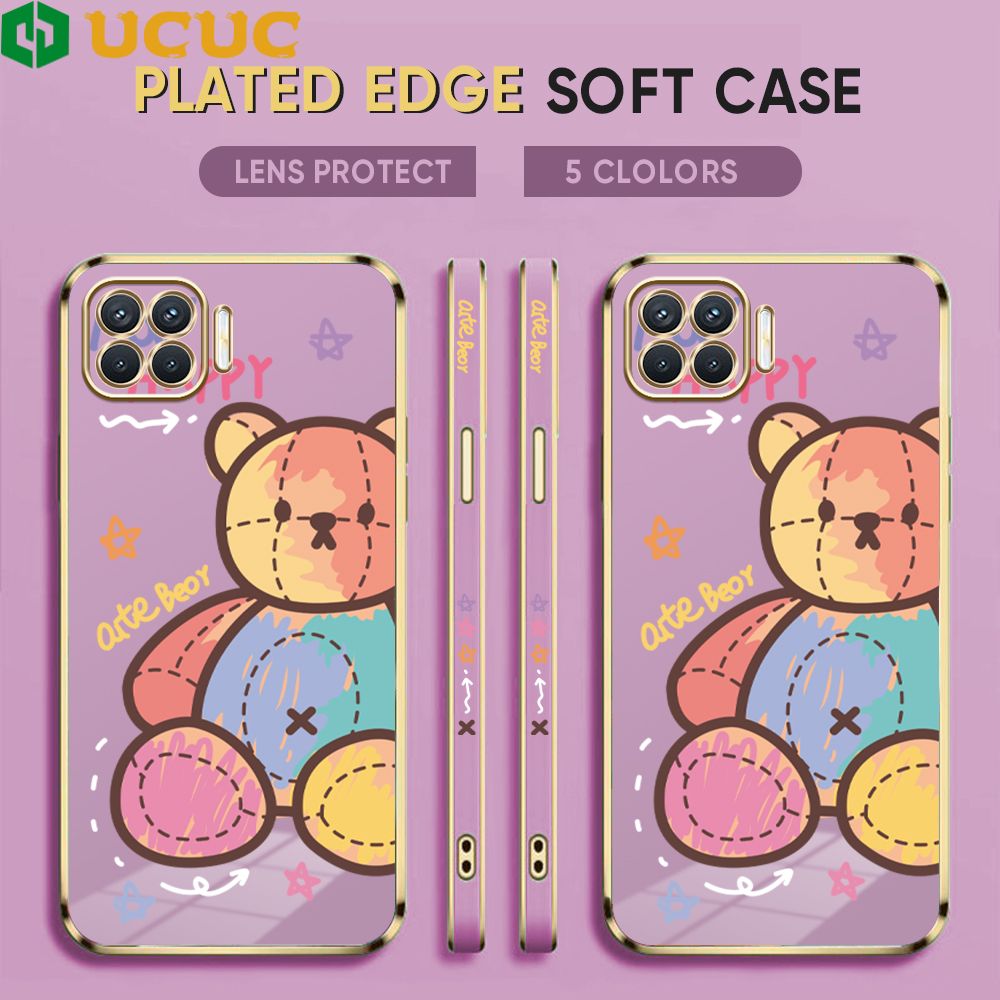 UCUC for OPPO F17 Pro / A93 2020 / Reno4 F Back Cover + Free Lanyard Colorful Muppet Bear Luxury 6D Plating Case Side Pattern Soft Silicone Square Phone Cases