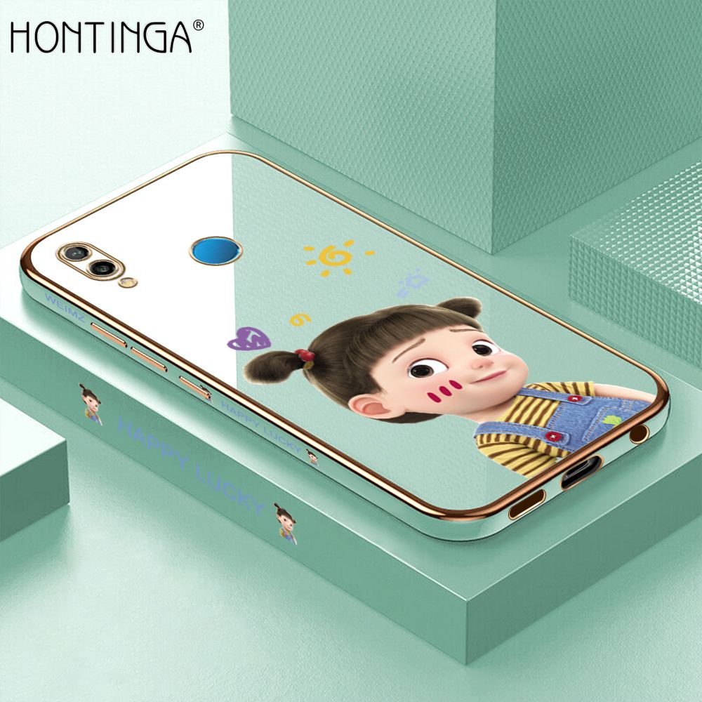 Hontinga for Huawei Nova 3E Back Cover Luxury 6D Plating Cute Cartoon Happy Girl Side Pattern Case Soft Silicone Square Phone Cases