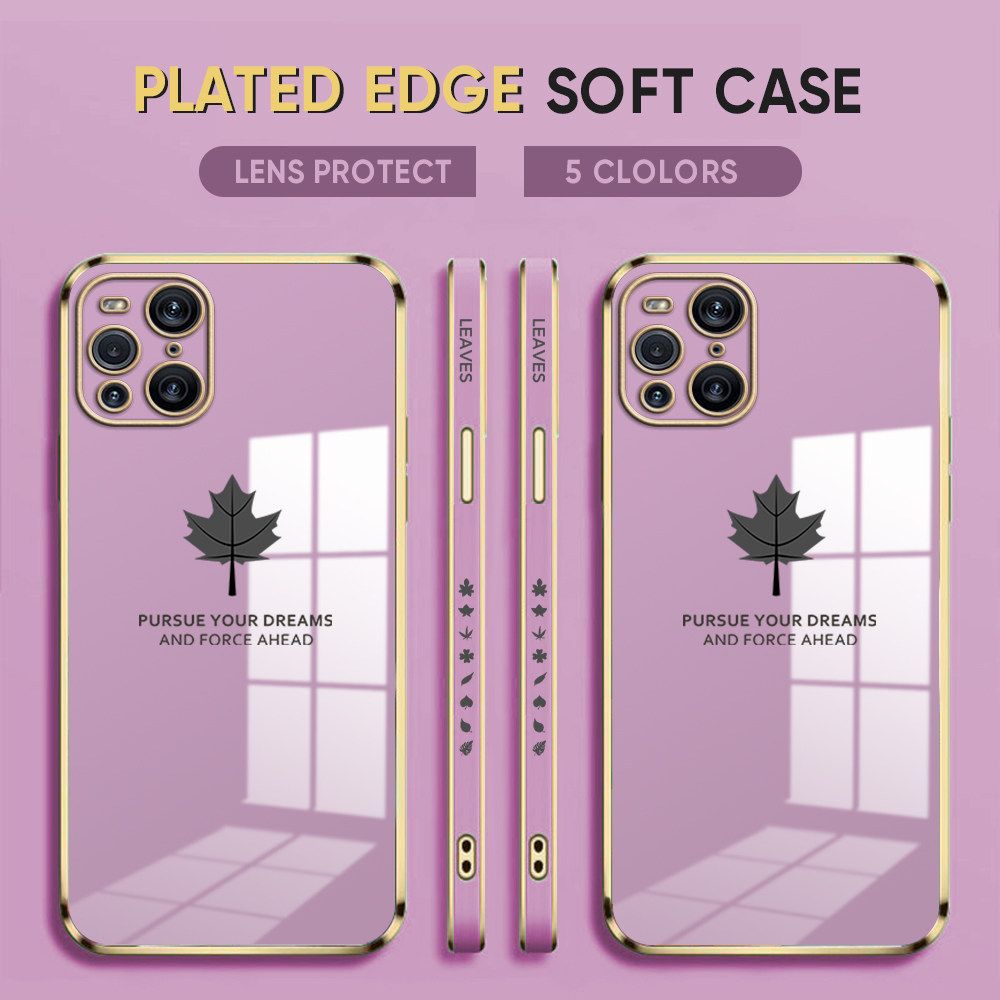 Luxury 6D Plating Case for OPPO Find X3 Pro Phone Cases Maple Leaf Side Print Soft Silicone Square Back Cover