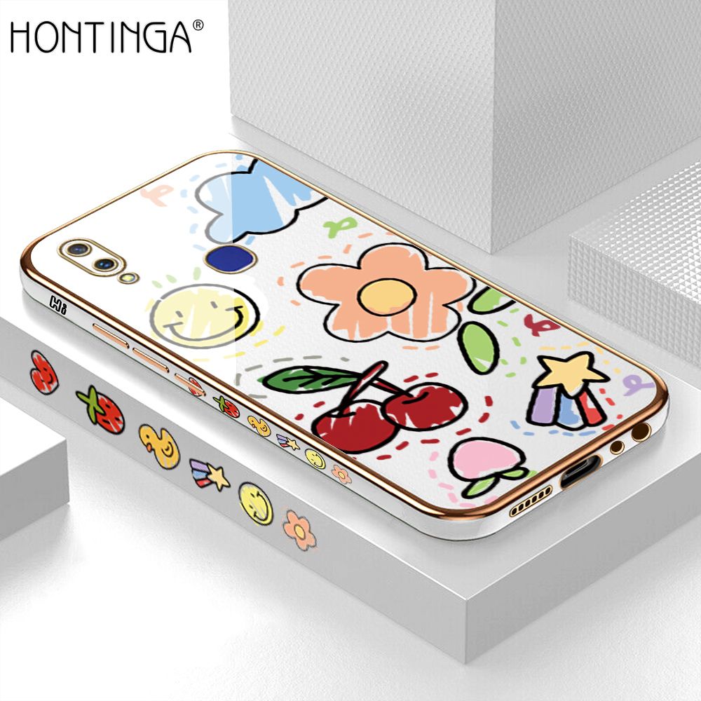 Hontinga for Vivo V11I Back Cover + Free Lanyard Luxury 6D Plating Cartoon Cherry Peach Side Pattern Case Soft Silicone Square Mobile Cover