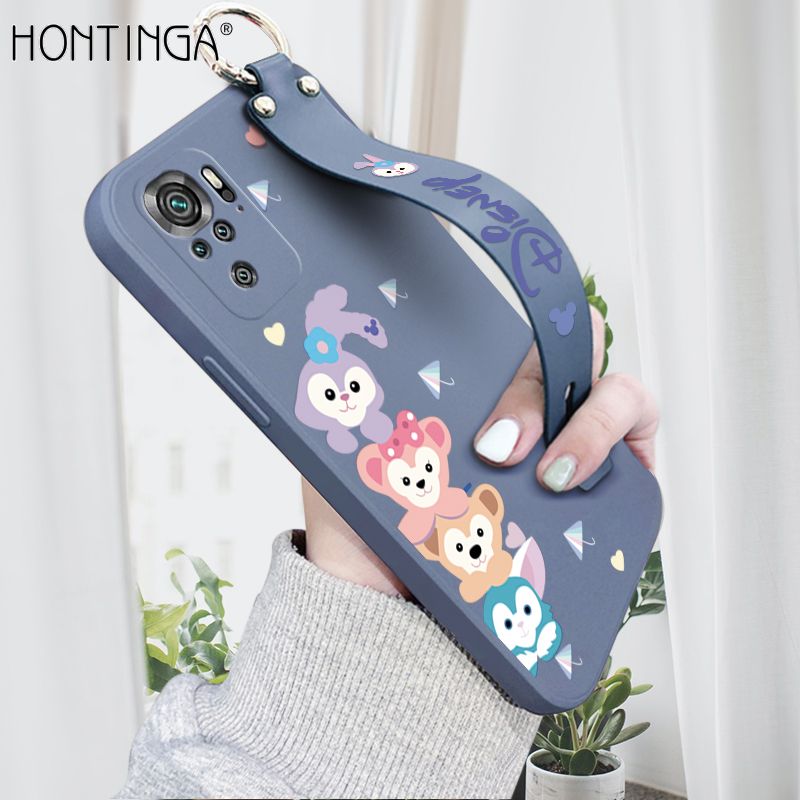 Hontinga for Redmi Note 10 4G / Note 10S Wrist Strap Case INS Cute Style Creative Cartoon Rabbit and Fox Cover Thin Square Edge Liquid Silicone Phone Case