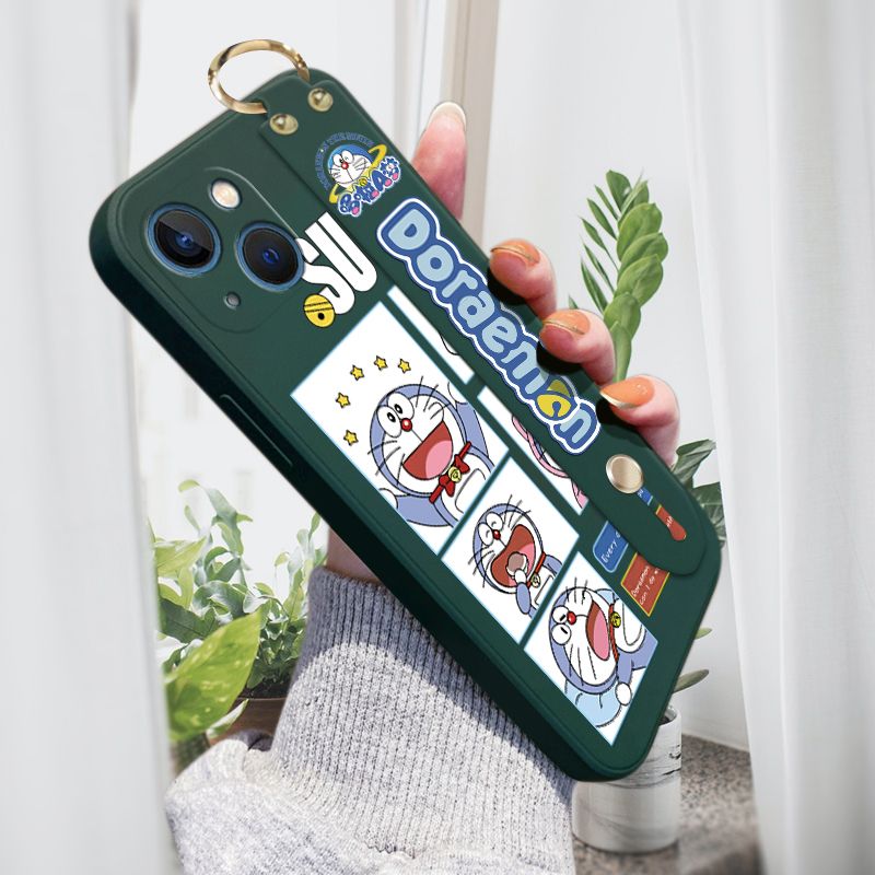 Jizetin for iPhone 13 Mini Wrist Strap Case Creative Cartoon Doraemon's Daily Life Cover Ultra Thin Anti Fall Liquid Silicone Phone Case