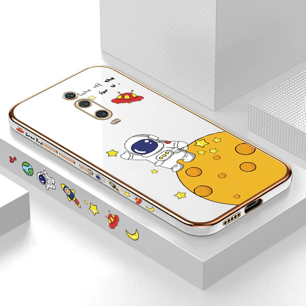 Luxury 6D Plating Case for Redmi K20 Cute Cartoon Happy Astronaut Side Pattern Back Cover Soft Silicone Square Frame Shiny Bling Phone Cases + Free Lanyard