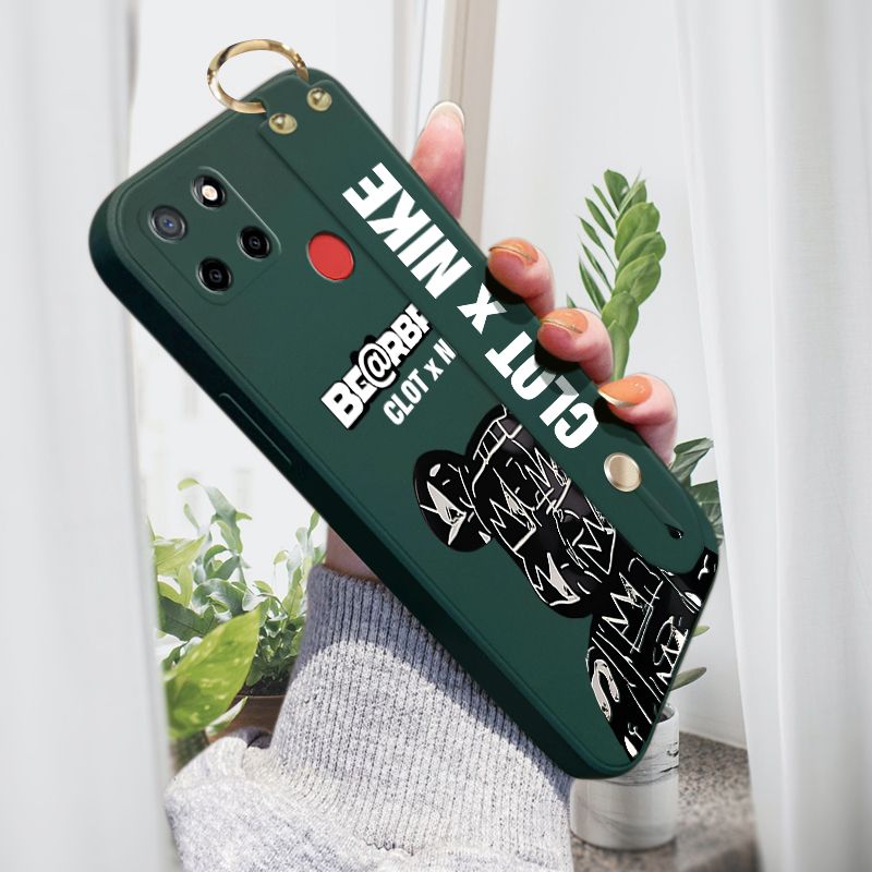 Jizetin for Realme C25s Wrist Strap Case Creative Cartoon Black Stitching Bear Cover Ultra Thin Anti Fall Liquid Silicone Phone Case