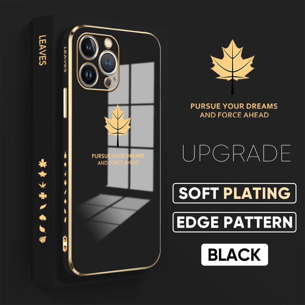 TA for iPhone 13 Pro Back Cover + Free Lanyard Maple Leaf Luxury 6D Plating Case Side Pattern Soft Silicone Square Phone Cases