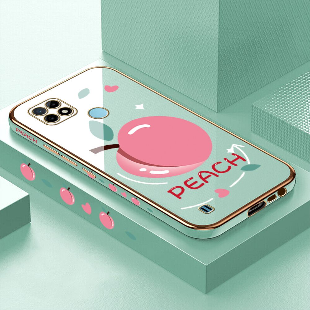 Luxury 6D Plating Case for Realme C25Y Cartoon Simple Peach Side Pattern Back Cover Soft Silicone Square Frame Shiny Bling Phone Cases + Free Lanyard