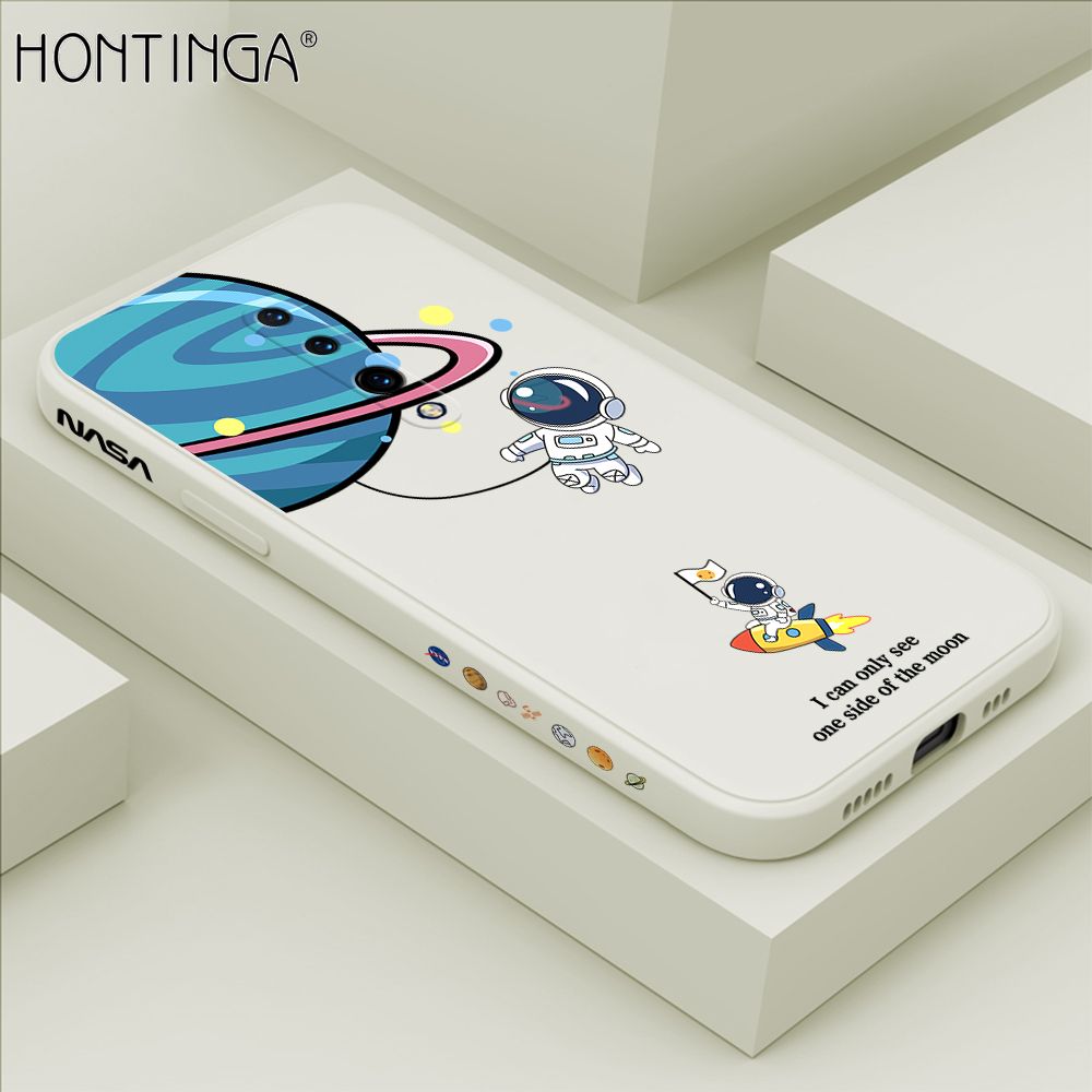 Hontinga for OnePlus 7 Pro Case Cartoon Astronaut Side Design Back Cover Soft Square Edge Liquid Silicone Phone Cases