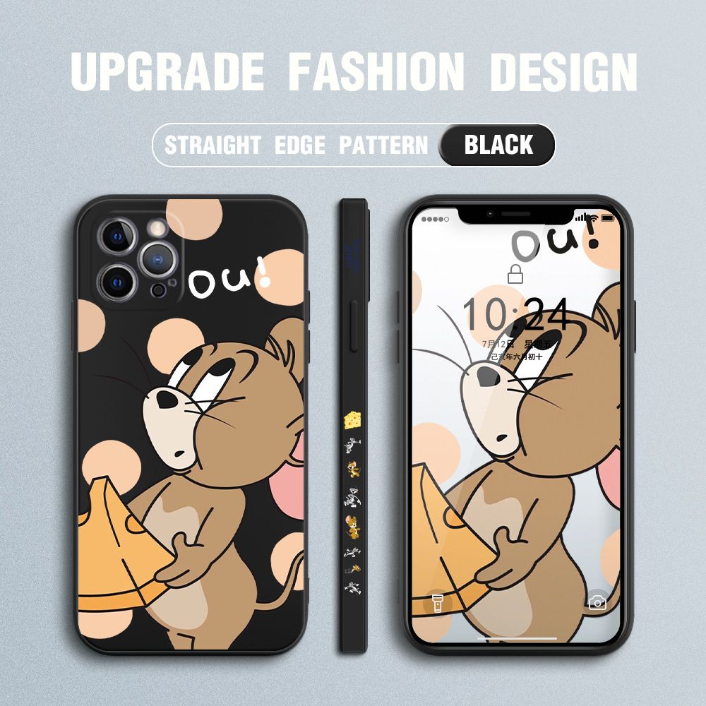 Jizetin for iPhone 12 Pro Max Case Tom and Jerry Design Side Design Phone Case Square Edge Pattern Liquid Silicone Cases Full Cover Camera Shockproof Protective Case