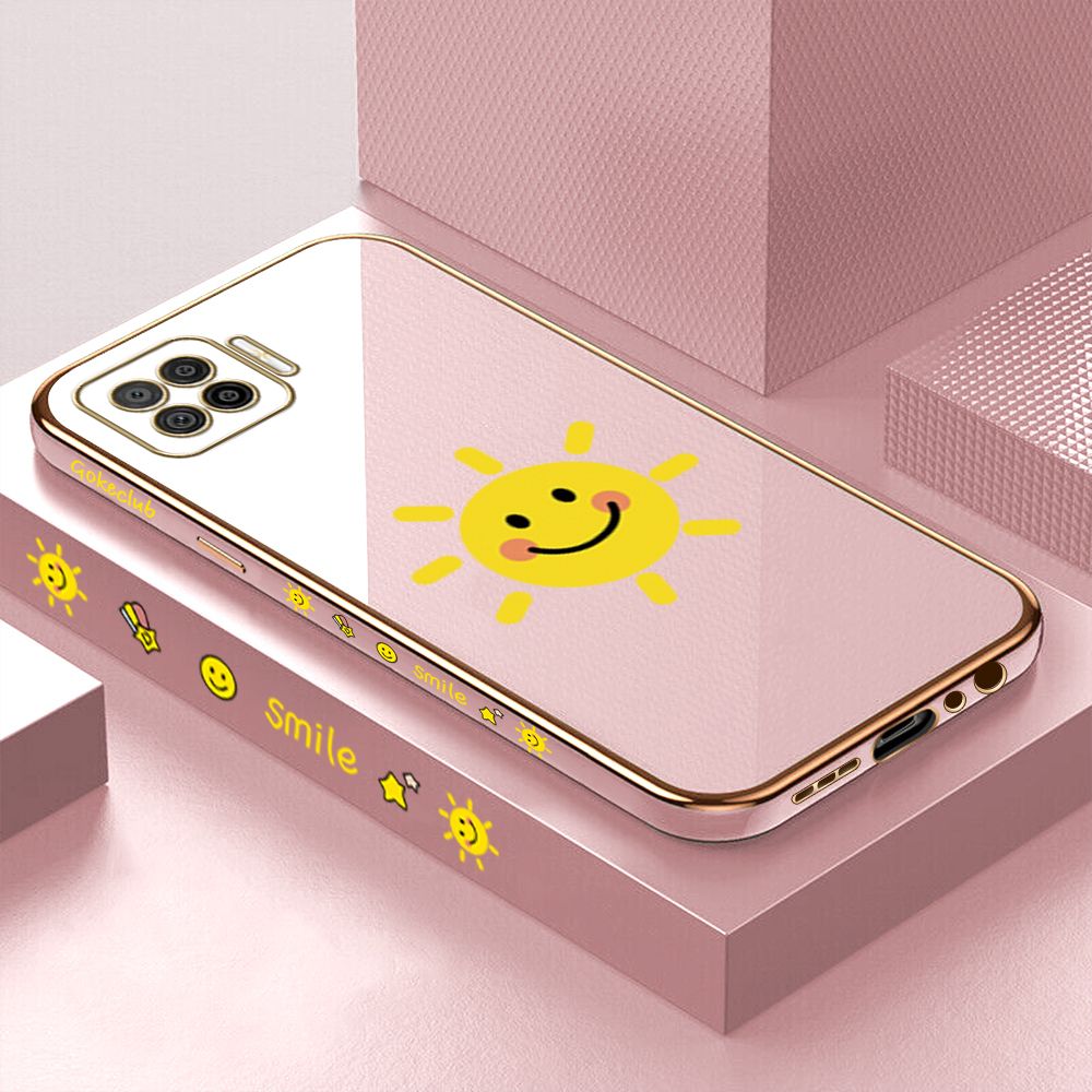 ZeroQiQi for OPPO F17 A73 2020 Back Cover Smiling Sun Luxury 6D Plating Case Side Pattern Soft Silicone Square Phone Cases + Free Lanyard