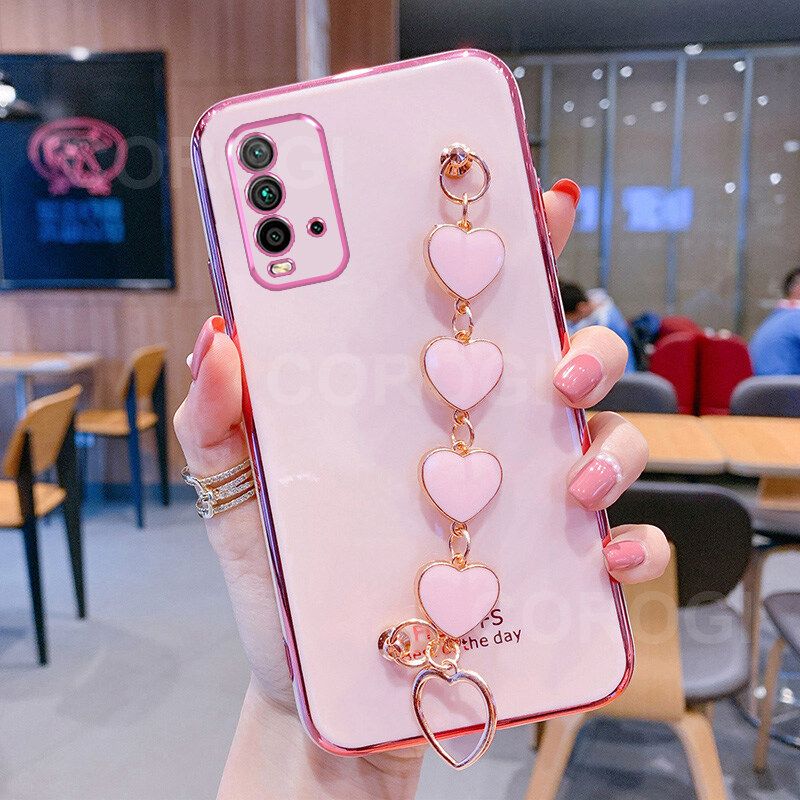 For Xiaomi Redmi 9 Power Back Cover with Love Heart Chain Wrist Strap Fashion Bracelet Shiny Plating Bumper Protective Case Silicone Shockproof Mobile Phone Cases
