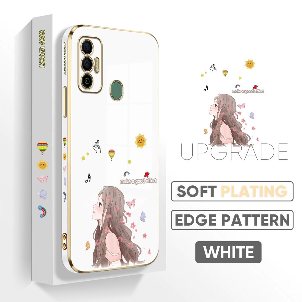 Jizetin (Free Lanyard) Tecno Spark 7 / Spark 7T Back Cover Butterfly Girl Luxury 6D Plating Case Side Pattern Soft Silicone Square Mobile Phone Cases