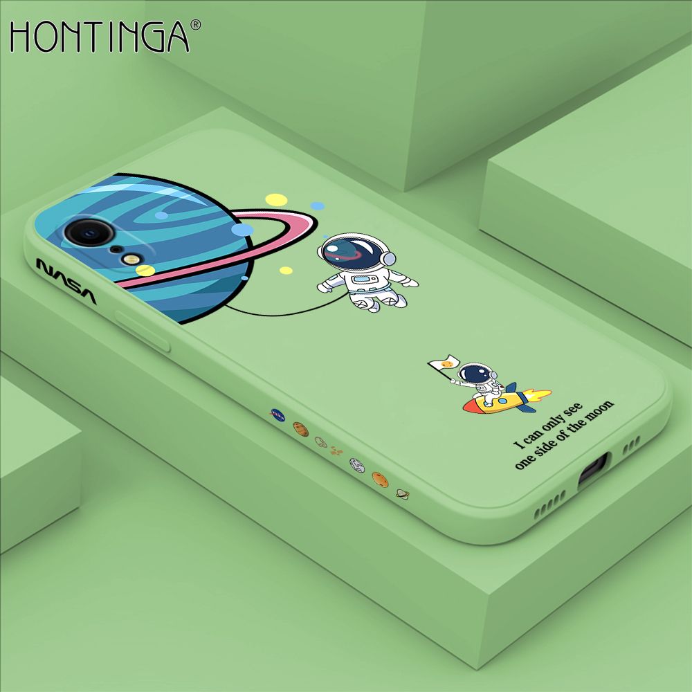 Hontinga for iPhone XR Case Cartoon Astronaut Side Design Back Cover Soft Square Edge Liquid Silicone Phone Cases
