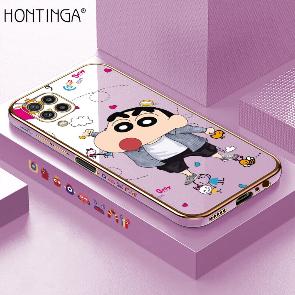 Hontinga for Samsung Galaxy M32 Back Cover + Free Lanyard Luxury 6D Plating Cartoon Crayon Shin-chan Side Pattern Case Soft Silicone Square Phone Cases