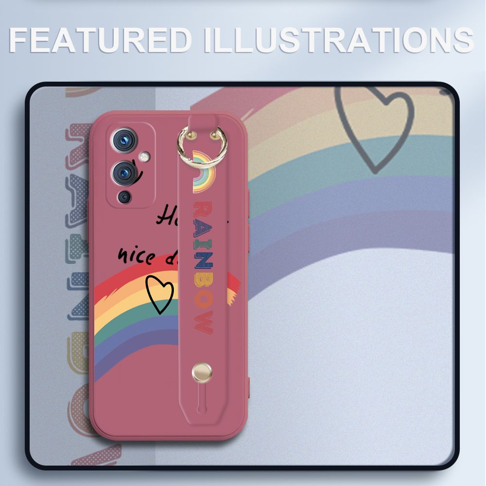 UCUC for OnePlus 9 Wrist Strap Case INS Style Smile Rainbow Cover Ultra Thin Anti Fall Liquid Silicone Phone Case