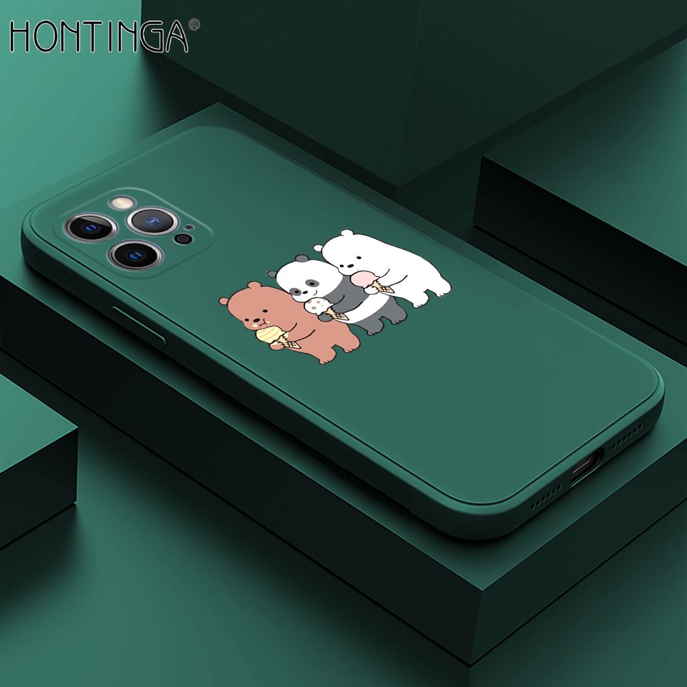 Hontinga for iPhone 12 Pro Case Cute Cartoon Bear  Phone Case Soft Square Edge Silicone Cases Full Lens Cover Shockproof Protection Cover