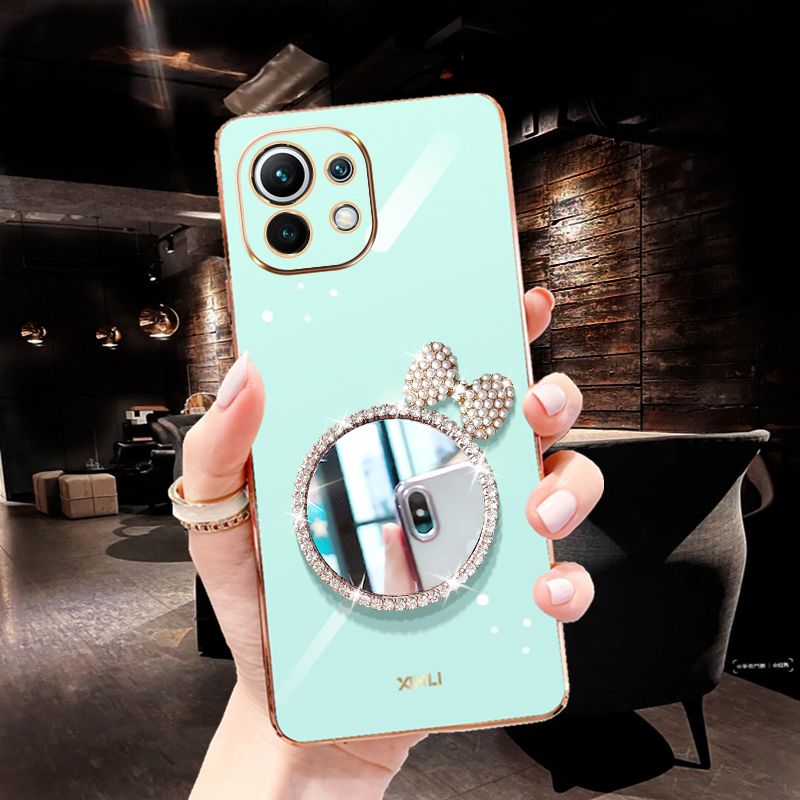 For Xiaomi Mi 11 Lite Back Cover + Bowknot Makeup Mirror Fashion Shiny Plating Square Bumper Bling Girls Phone Case Soft TPU Silicone Shockproof Back Cover