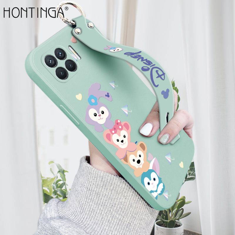 Hontinga for OPPO F17 Pro / A93 2020 / Reno4 F Wrist Strap Case INS Cute Style Creative Cartoon Rabbit and Fox Cover Thin Square Edge Liquid Silicone Phone Case
