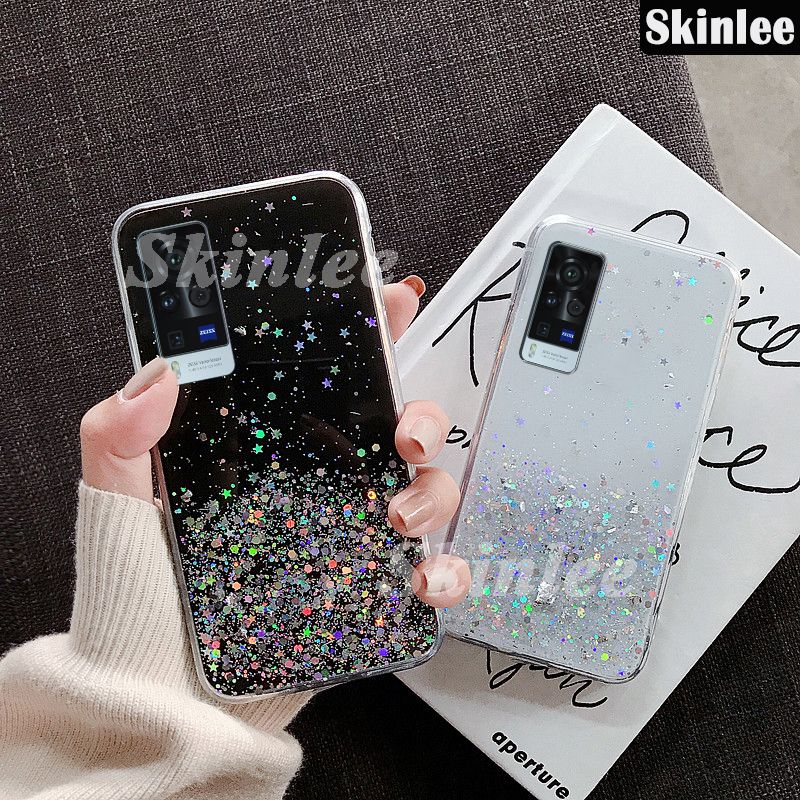 Skinlee For VIVO X60 Pro Full Stars Moon Glitter Bling Sequins Phone Case For VIVO X60 Pro Starry Sky Transparent Soft Back Cover