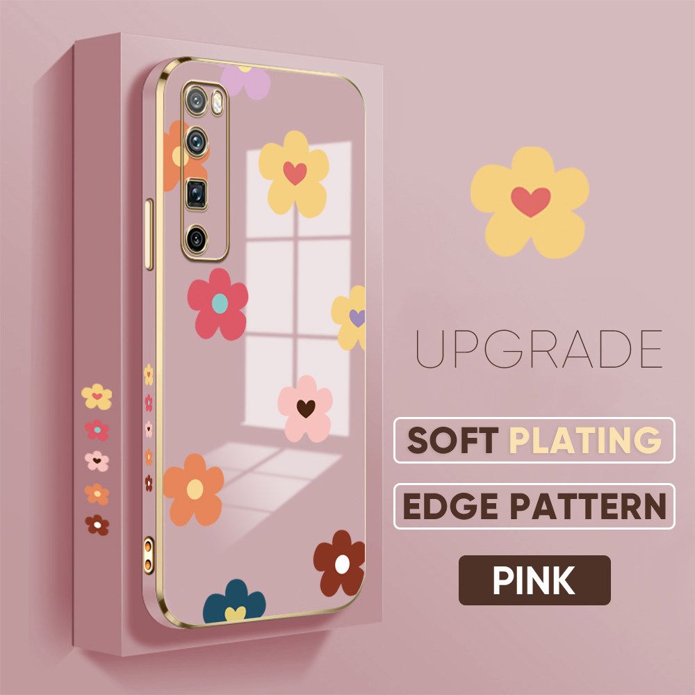 TA for Huawei Nova 7 Pro Back Cover + Free Lanyard Falling Flowers Luxury 6D Plating Case Side Pattern Soft Silicone Square Phone Cases