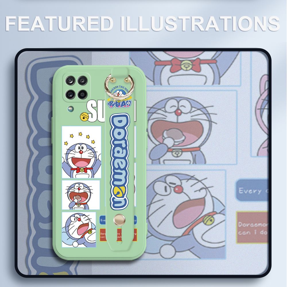 UCUC for Samsung Galaxy A42 5G Wrist Strap Case Creative Cartoon Doraemon's Daily Life Cover Ultra Thin Anti Fall Liquid Silicone Phone Case