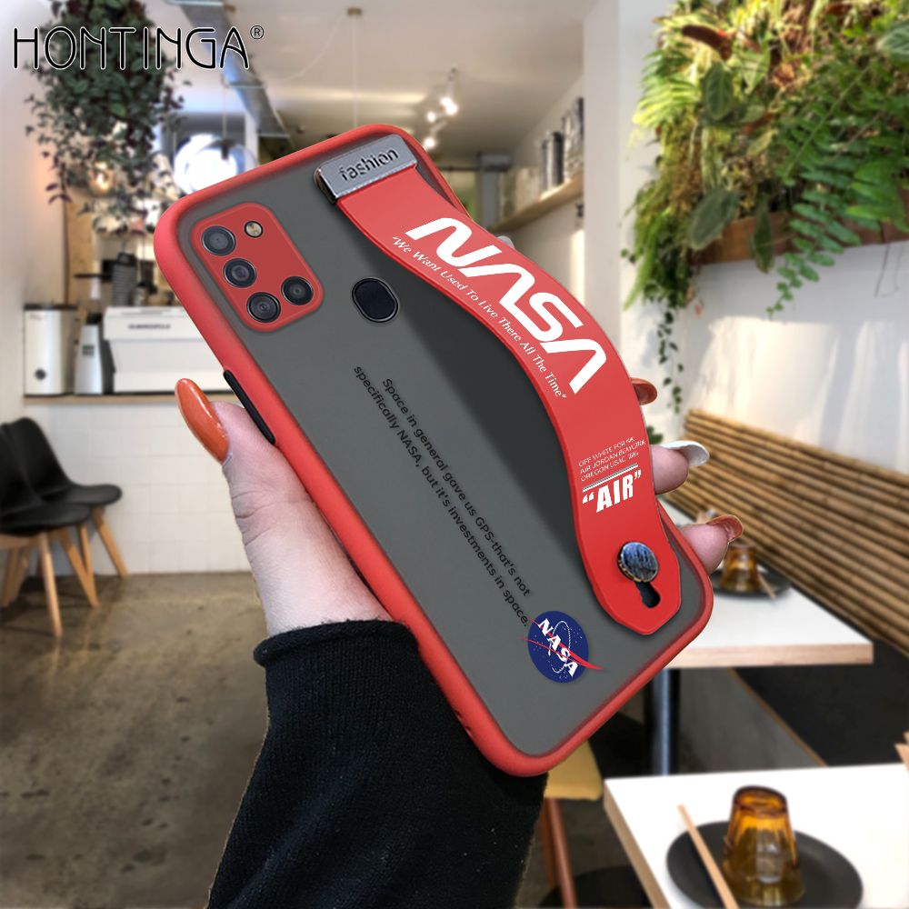 Hontinga for Samsung A21S Back Cover With Wristband Popular Space Astronaut Phone Casee Full Lens Protection Thin Frosted Cases