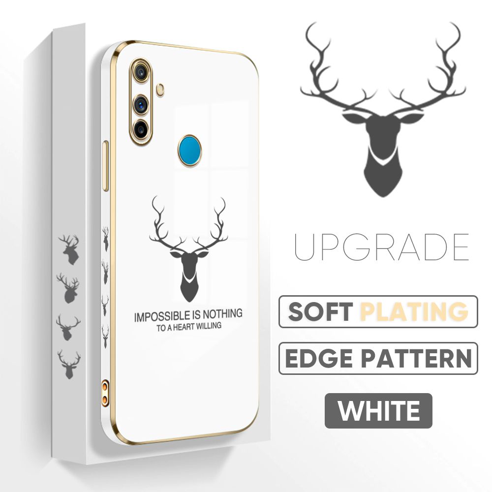 Jizetin (Free Lanyard) Realme C3 Back Cover Antlers Luxury 6D Plating Case Side Pattern Soft Silicone Square Phone Cases