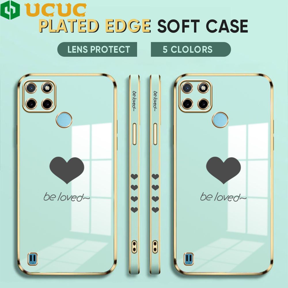 UCUC for Realme C25Y / Realme C21Y Back Cover + Free Lanyard Lover Heart Luxury 6D Plating Case Side Pattern Soft Silicone Square Phone Cases