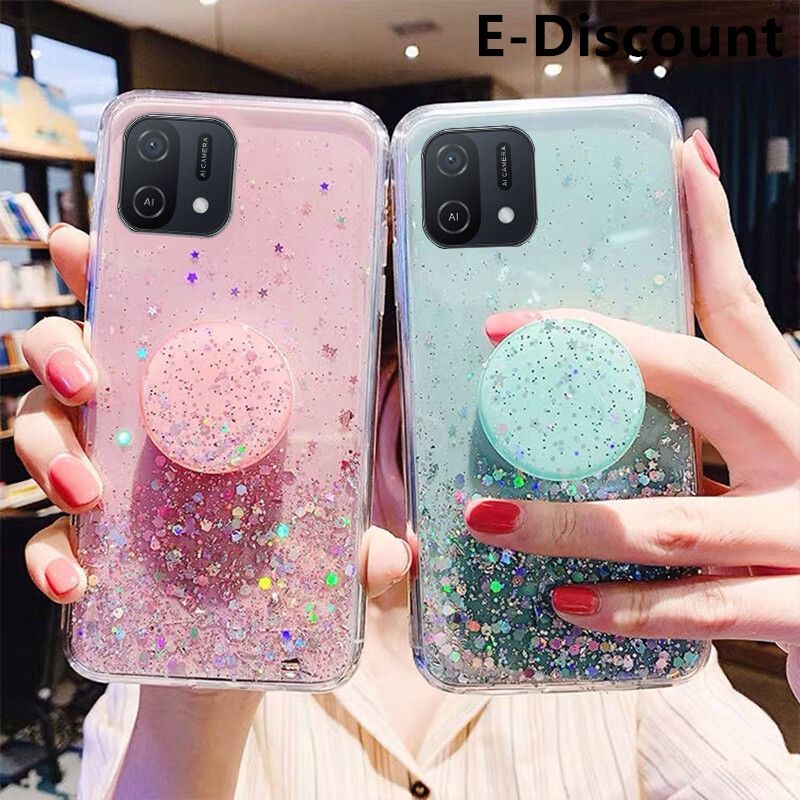 For OPPO A16E Case Shiny Ring Glitter Soft Transparent Holder Stand Case with String Glitter Space Stars Moon OPPO A16 E Back Cover