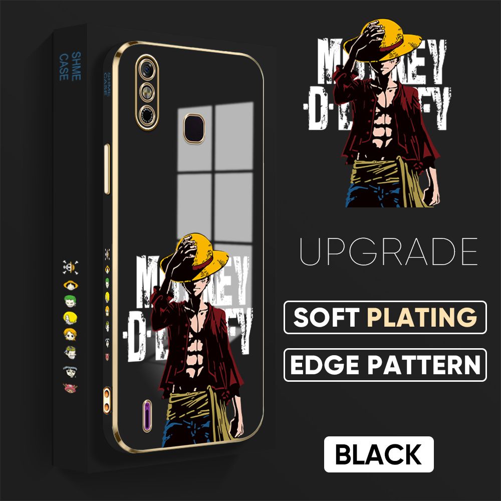 Jizetin (Free Lanyard) Infinix Smart 4 Back Cover Straw Hat Luffy Luxury 6D Plating Case Side Pattern Soft Silicone Square Phone Cases