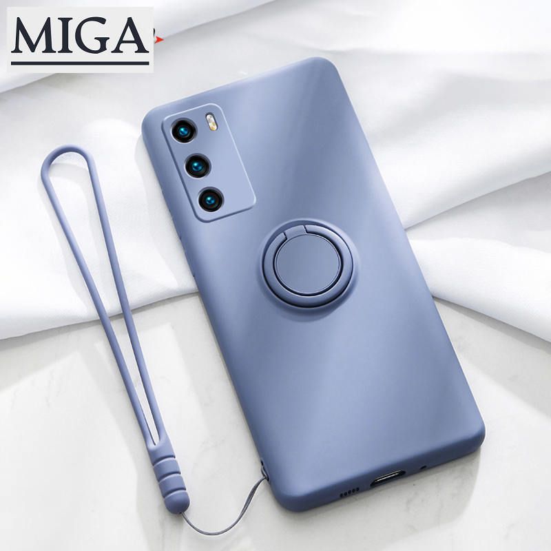 Silicone Ring Phone Case For Huawei P30 P40 Pro Back Cover For Huwei Mate 30 Honor 30 Pro Shockproof Lens Protective Casing + Lanyard